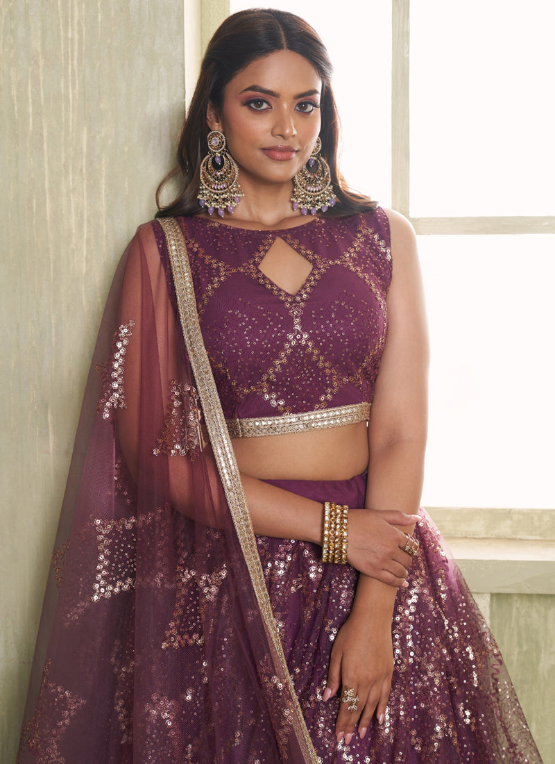 Wine Butterfly Net Thread Sequence Lehenga Choli