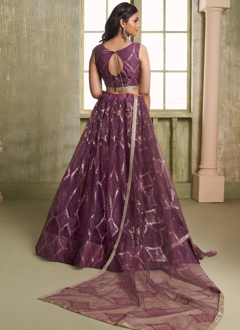Wine Butterfly Net Thread Sequence Lehenga Choli
