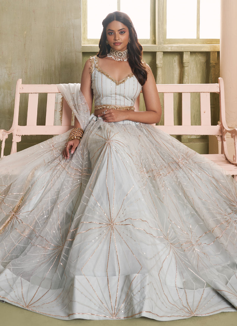 Off White Butterfly Net Thread Sequins Lehenga Choli