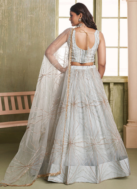 Off White Butterfly Net Thread Sequins Lehenga Choli