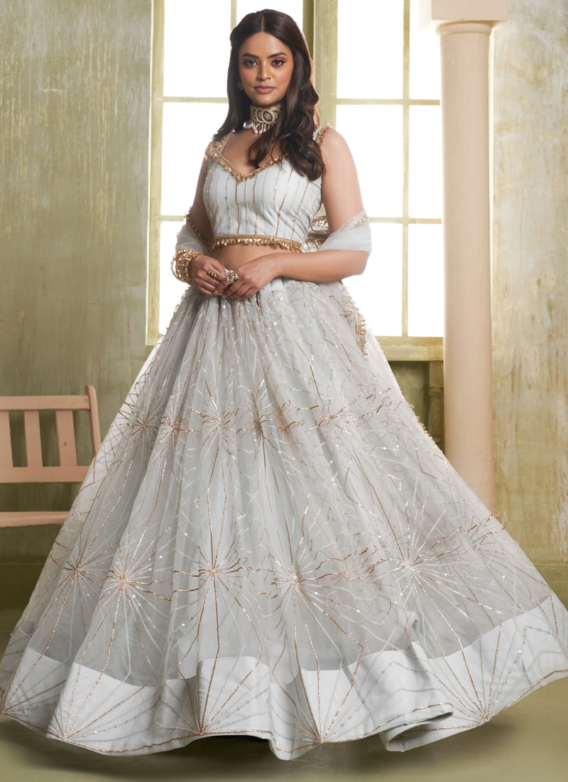 Off White Butterfly Net Thread Sequins Lehenga Choli