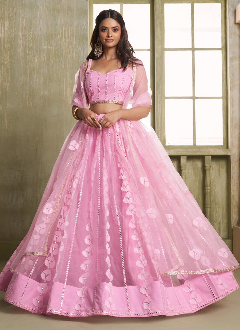 Baby Pink Butterfly Net Thread Sequins Lehenga Choli