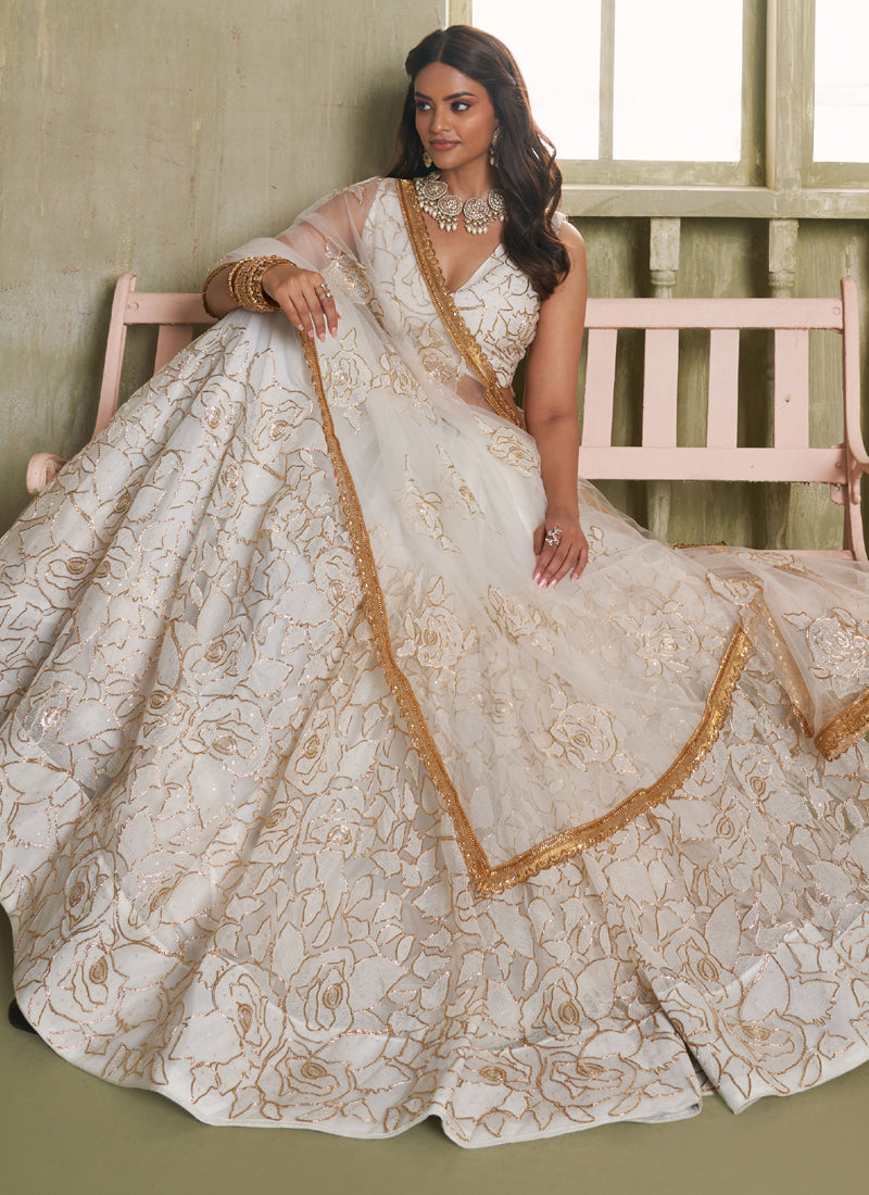 Off White Butterfly Net Thread Sequins Designer Lehenga Choli