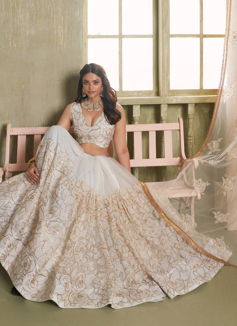 Off White Butterfly Net Thread Sequins Designer Lehenga Choli