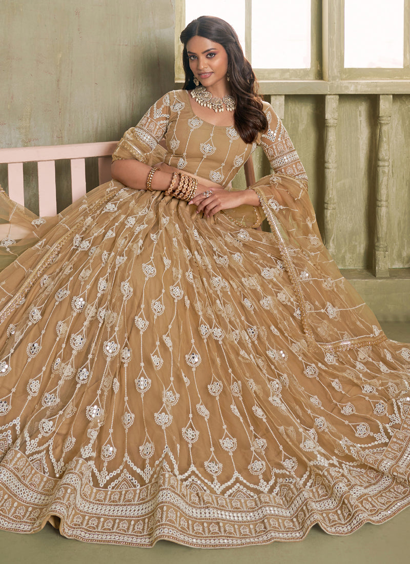 Beige Butterfly Net Thread Sequins Lehenga Choli