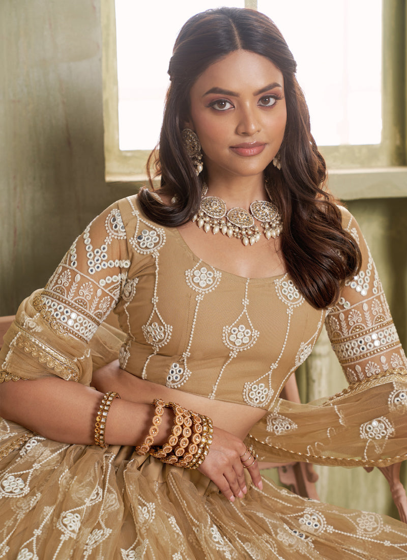 Beige Butterfly Net Thread Sequins Lehenga Choli
