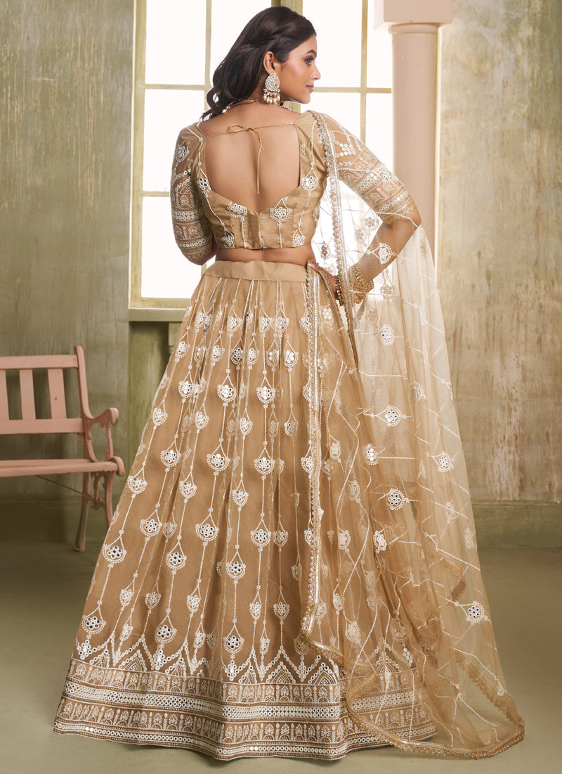 Beige Butterfly Net Thread Sequins Lehenga Choli