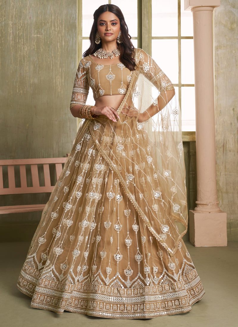Beige Butterfly Net Thread Sequins Lehenga Choli