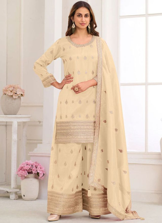Cream Embroidery Real Simar Silk Salwar suit
