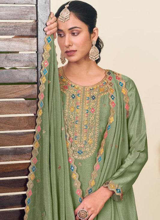 Pista Green Chinon Silk Embroidered Lehenga Style Suit