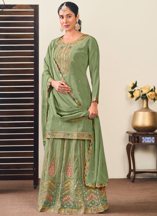 Pista Green Chinon Silk Embroidered Lehenga Style Suit