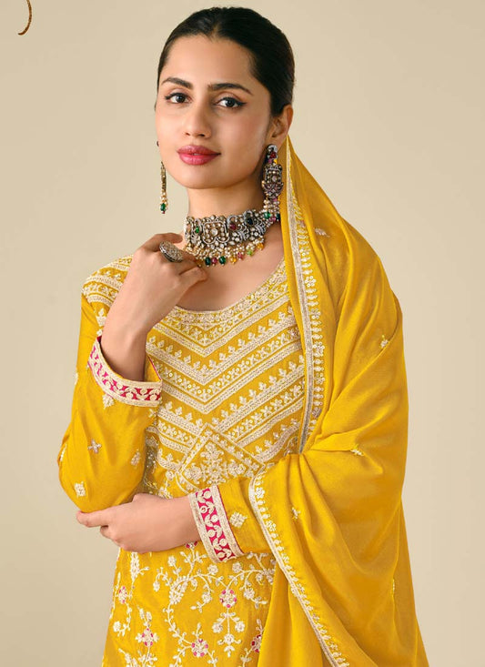 Yellow Premium Chinon Embroidered Palazzo Suit