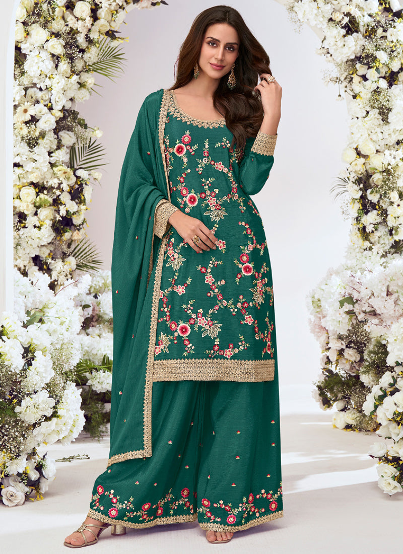 Green Chinon Silk Embroidered Palazzo Suit