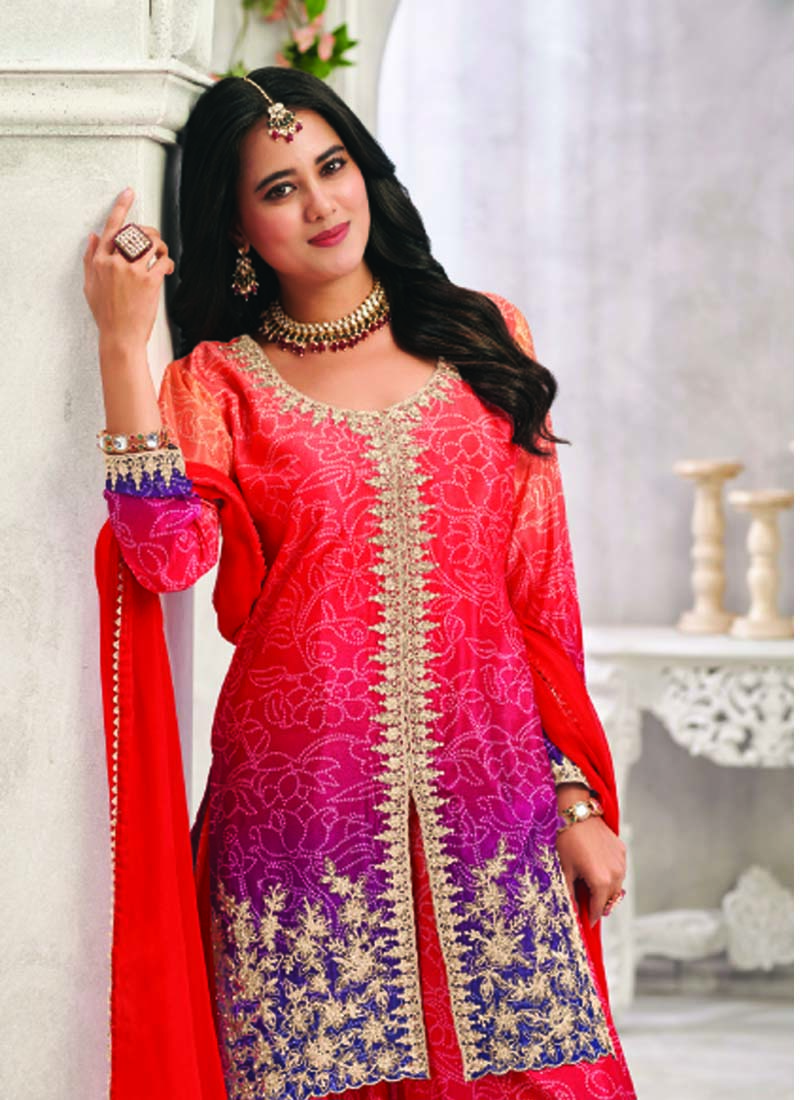 Red Premium Chinon Embroidered Palazzo Suit