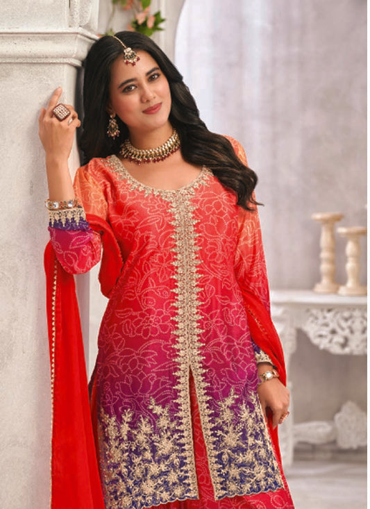 Red Premium Chinon Embroidered Palazzo Suit