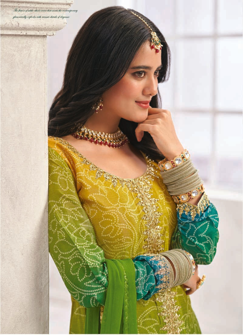 Green Premium Chinon Embroidered Palazzo Suit