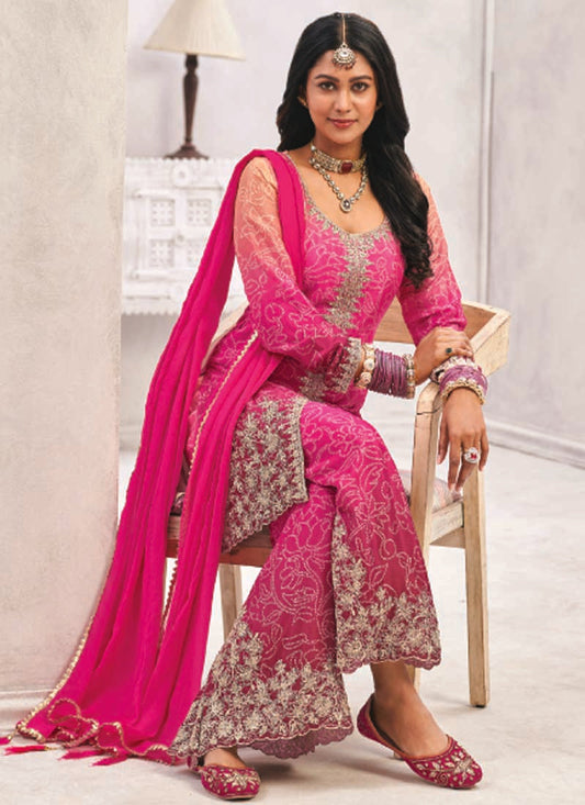Pink Premium Chinon Embroidered Palazzo Suit