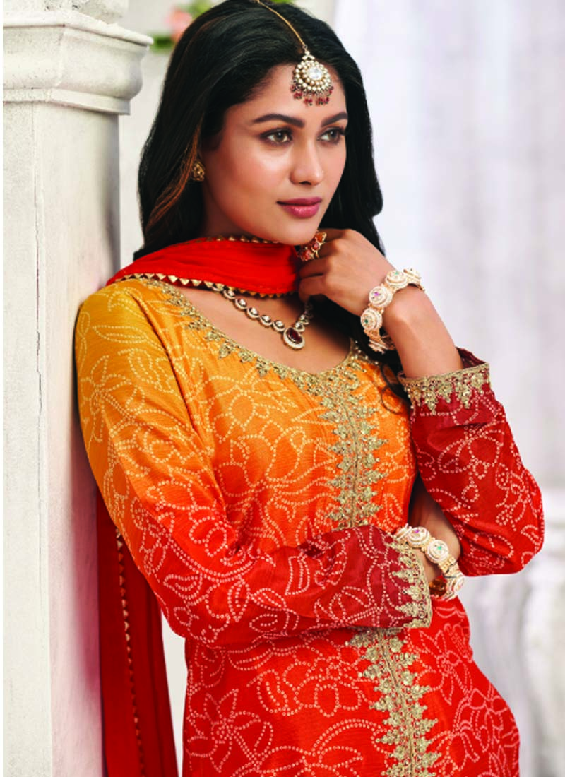 Orange Premium Chinon Embroidered Palazzo Suit