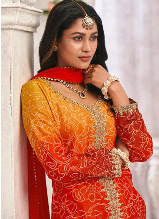 Orange Premium Chinon Embroidered Palazzo Suit