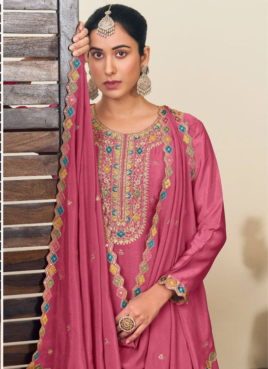 Peach Chinon Silk Embroidered Lehenga Style Suit