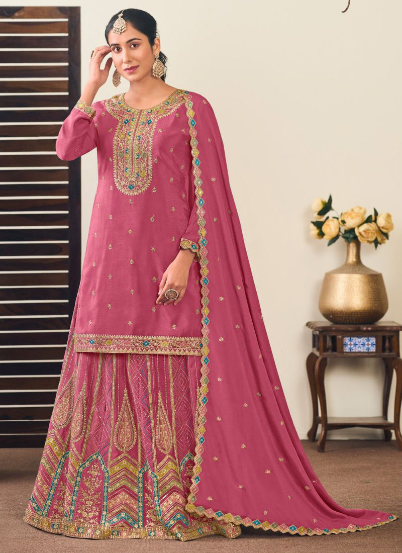 Peach Chinon Silk Embroidered Lehenga Style Suit