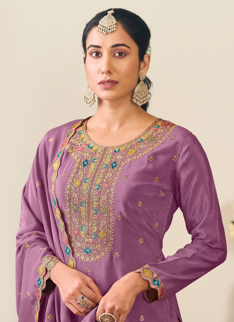 Lavender Chinon Silk Embroidered Lehenga Style Suit