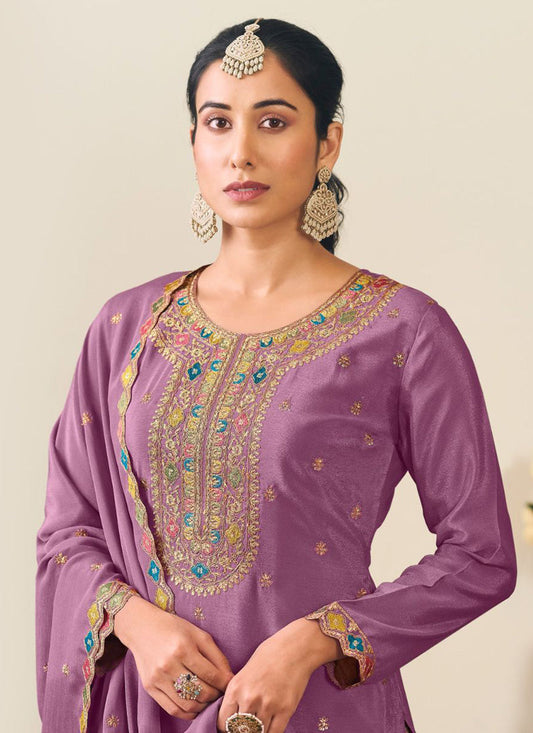 Lavender Chinon Silk Embroidered Lehenga Style Suit