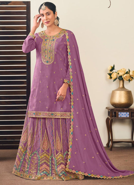 Lavender Chinon Silk Embroidered Lehenga Style Suit