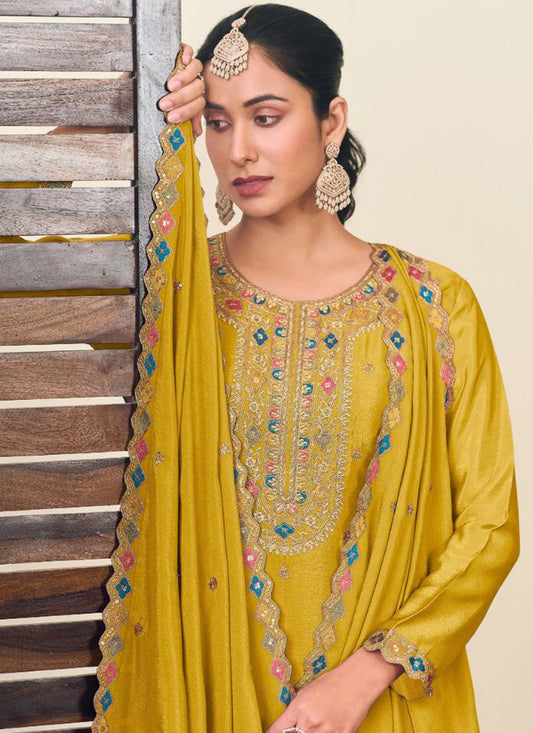 Yellow Chinon Silk Embroidered Lehenga Style Suit