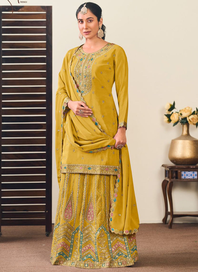Yellow Chinon Silk Embroidered Lehenga Style Suit
