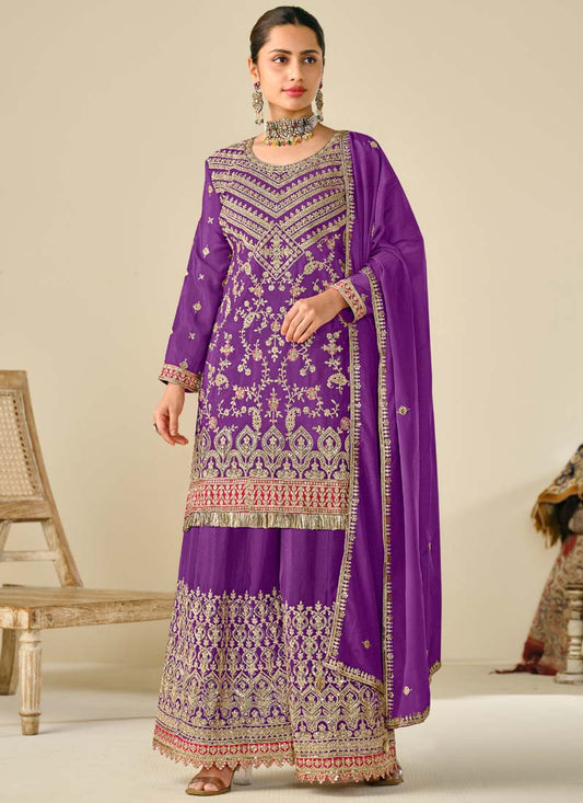 Violet Premium Chinon Embroidered Palazzo Suit