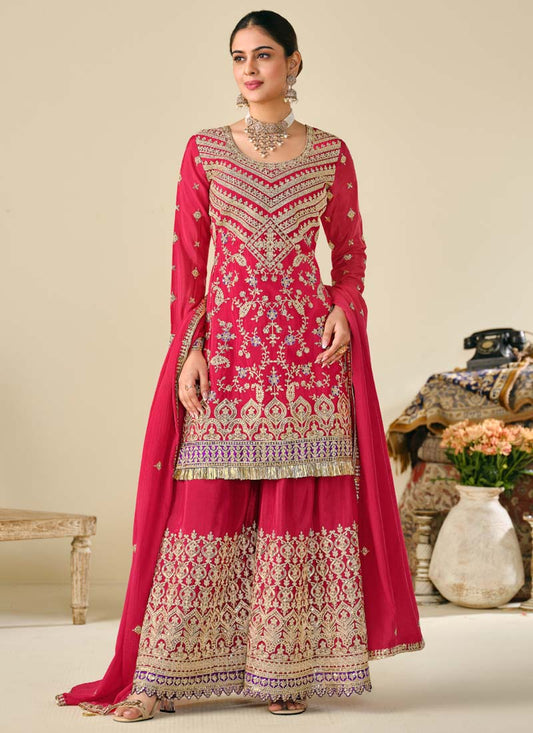 Red Premium Chinon Embroidered Palazzo Suit