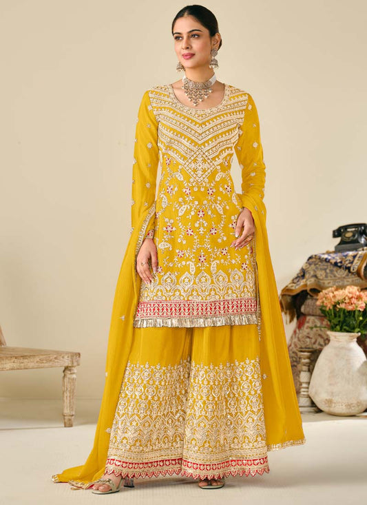 Yellow Premium Chinon Embroidered Palazzo Suit