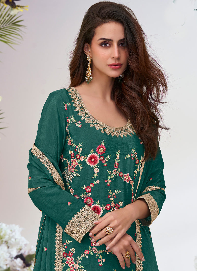 Green Chinon Silk Embroidered Palazzo Suit