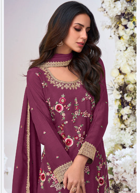 Purple Chinon Silk Embroidered Palazzo Suit