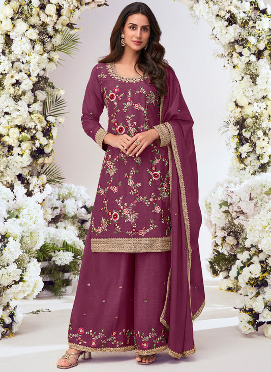 Wine Chinon Silk Embroidered Palazzo Suit