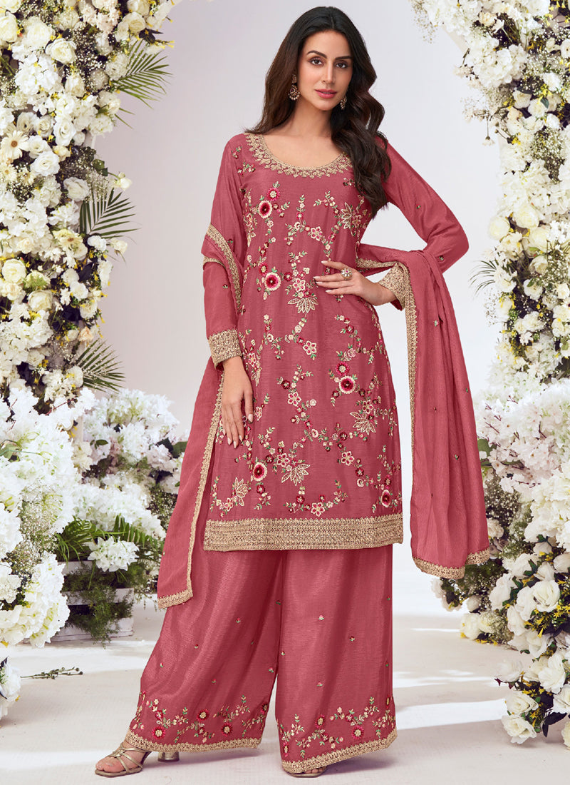 Peach Chinon Silk Embroidered Palazzo Suit