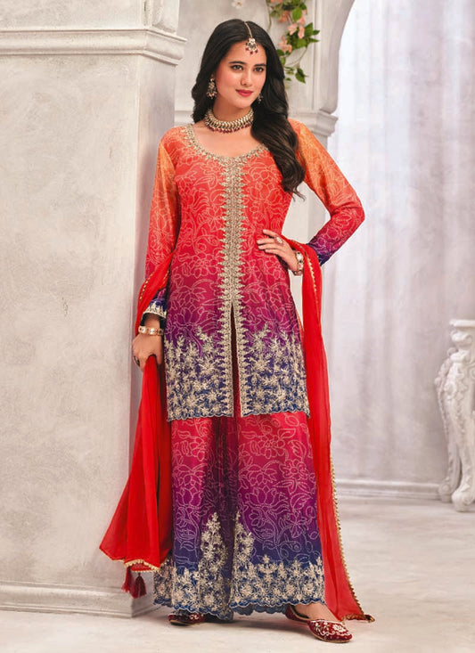 Red Premium Chinon Embroidered Palazzo Suit