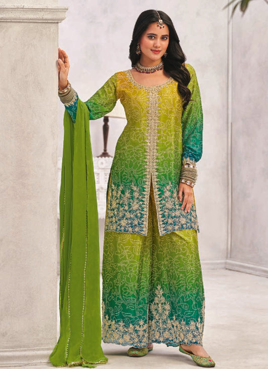 Green Premium Chinon Embroidered Palazzo Suit