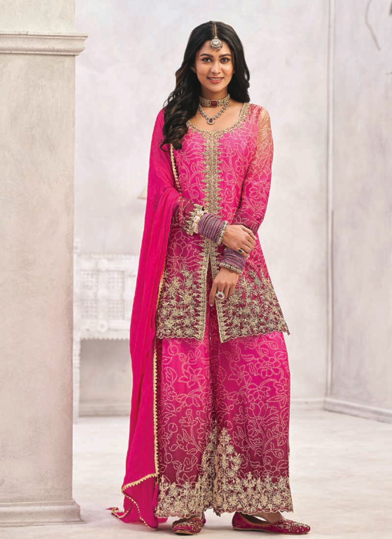 Pink Premium Chinon Embroidered Palazzo Suit