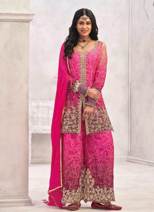 Pink Premium Chinon Embroidered Palazzo Suit