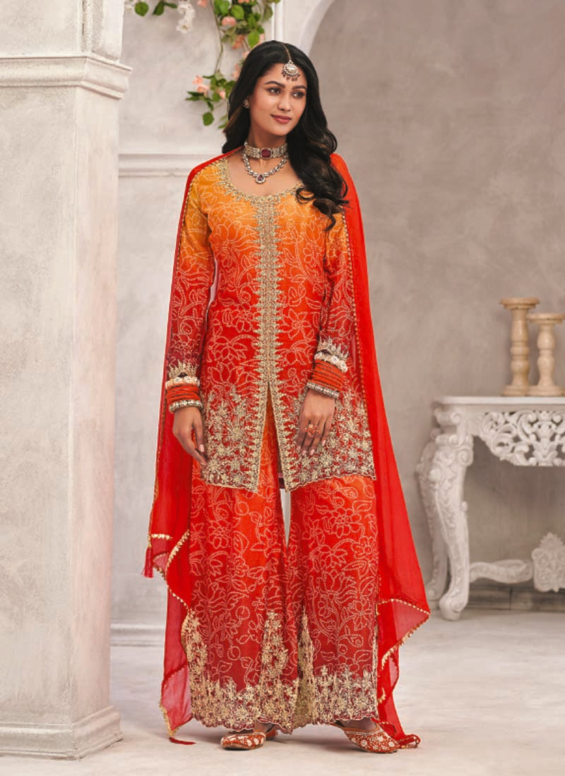 Orange Premium Chinon Embroidered Palazzo Suit