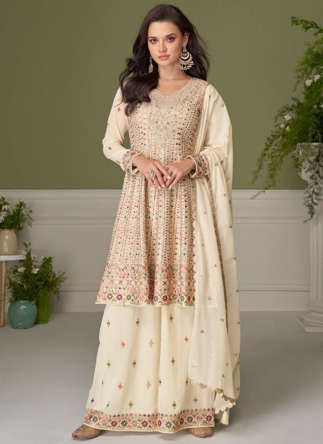 Cream Embroidery Real Georgette Salwar Suit