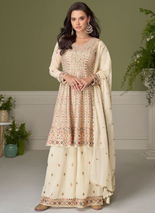 Cream Embroidery Real Georgette Salwar Suit