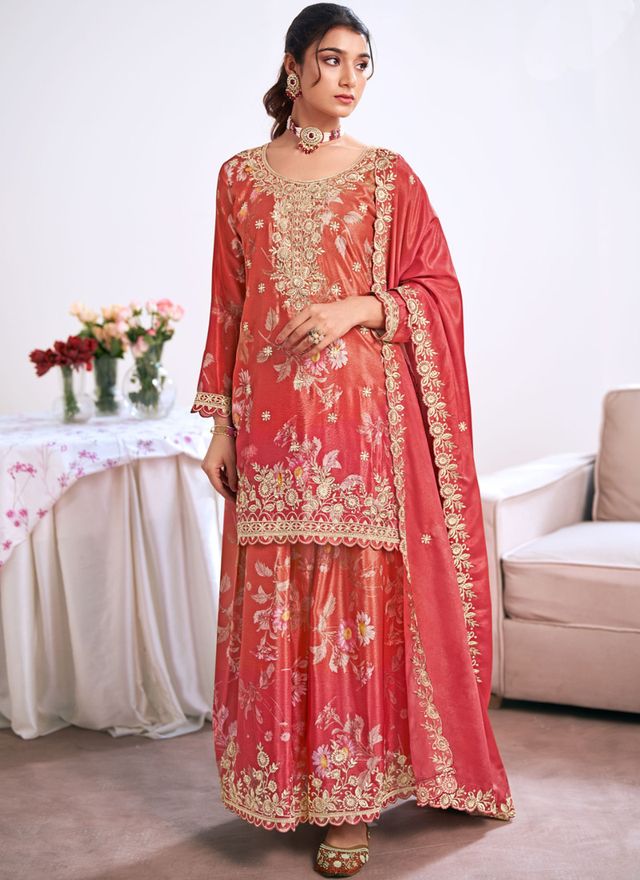 Red Embroidery Chinon Silk Salwar Suit