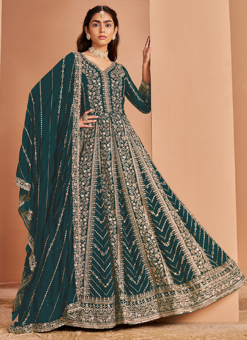 Aqua Green Faux Georgette Embroidered Anarkali Suit