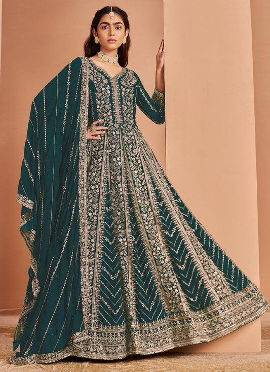 Aqua Green Faux Georgette Embroidered Anarkali Suit