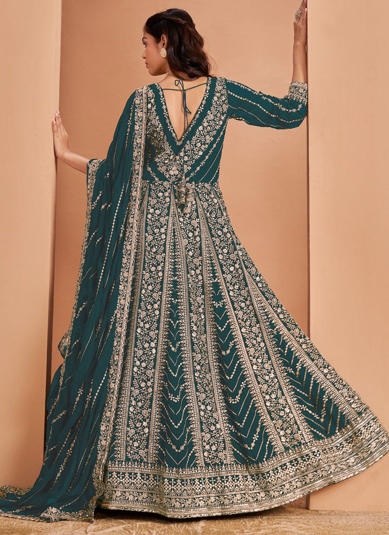 Aqua Green Faux Georgette Embroidered Anarkali Suit