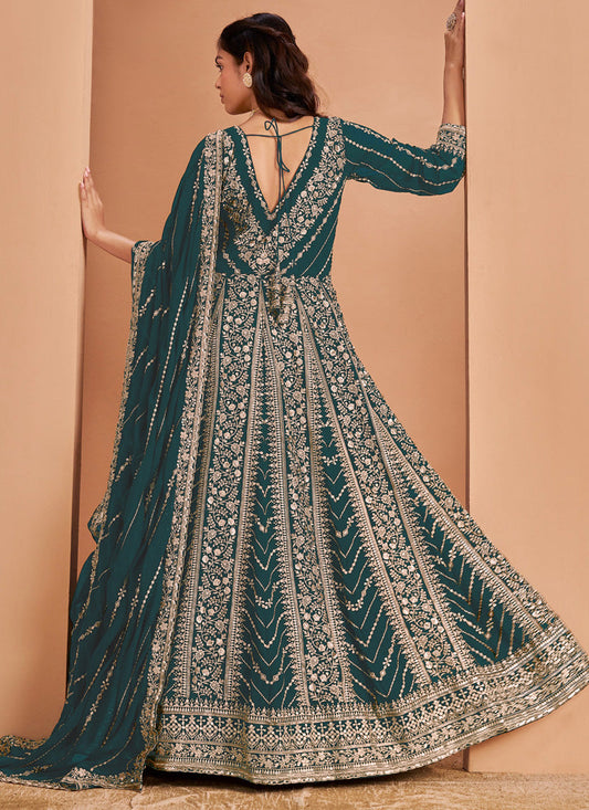 Aqua Green Faux Georgette Embroidered Anarkali Suit