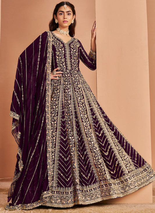 Violet Faux Georgette Embroidered Anarkali Suit
